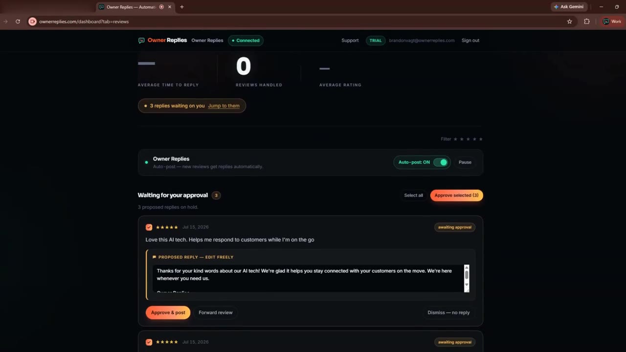 Owner Replies dashboard &mdash; customer reviews answered automatically, live on Google